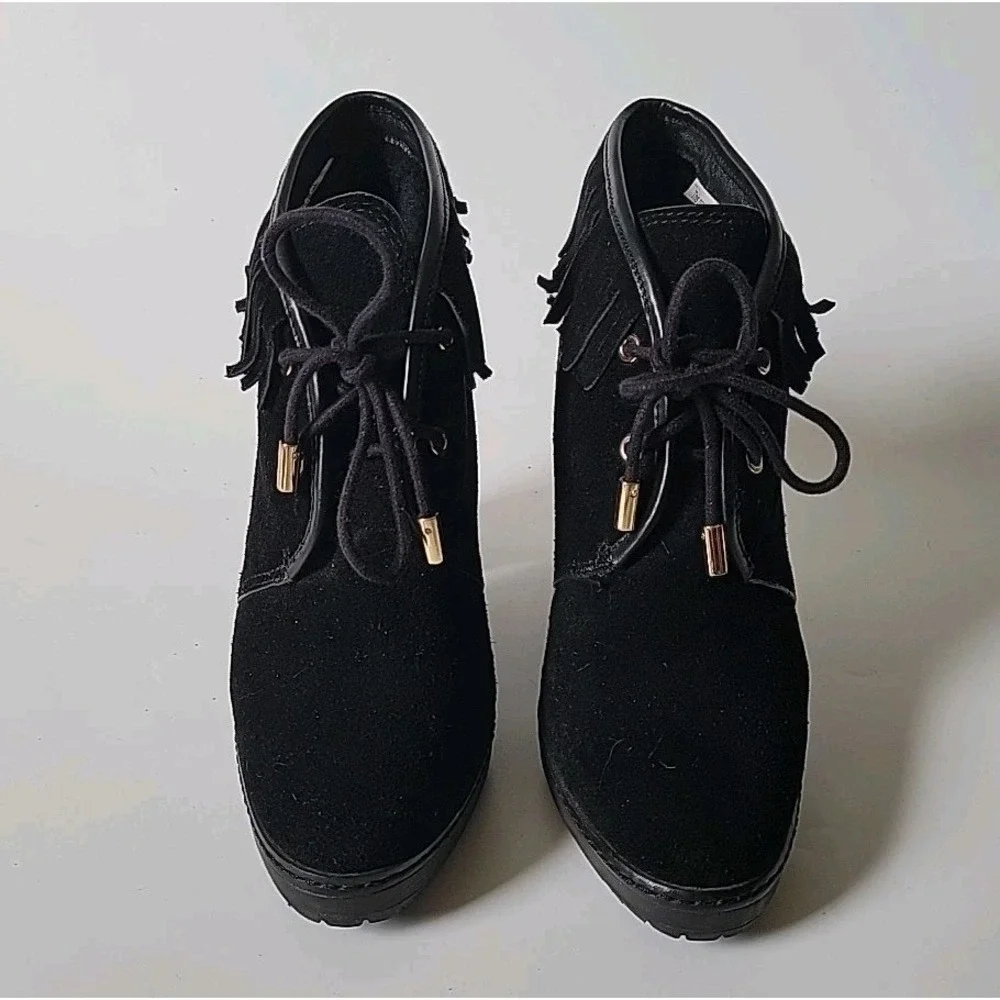 Tory Burch Hillary Fringed Suede Shearling Lace‎ Up Heeled Ankle Boots 8M Boho